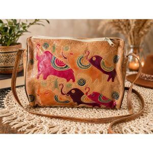 Vintage Leather Elephant Crossbody Bag Boho Artisan Handbag Tribal Print Purse